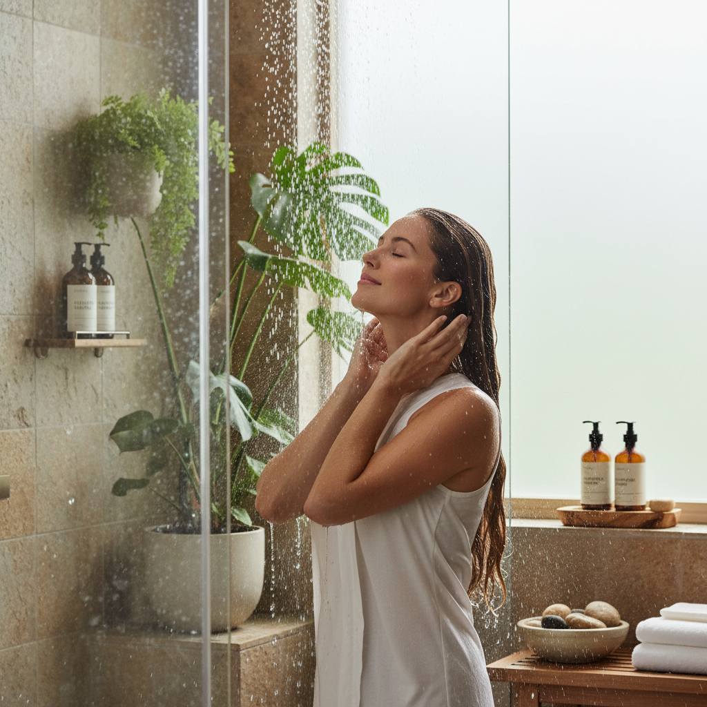 Femme se lavant les cheveux - ambiance spa